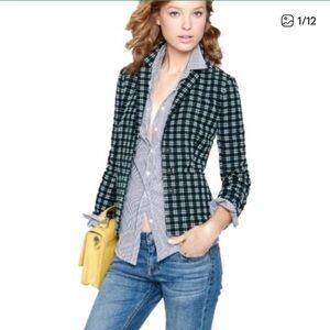 J Crew Shrunken Plaid Blazer Green Navy Cotton